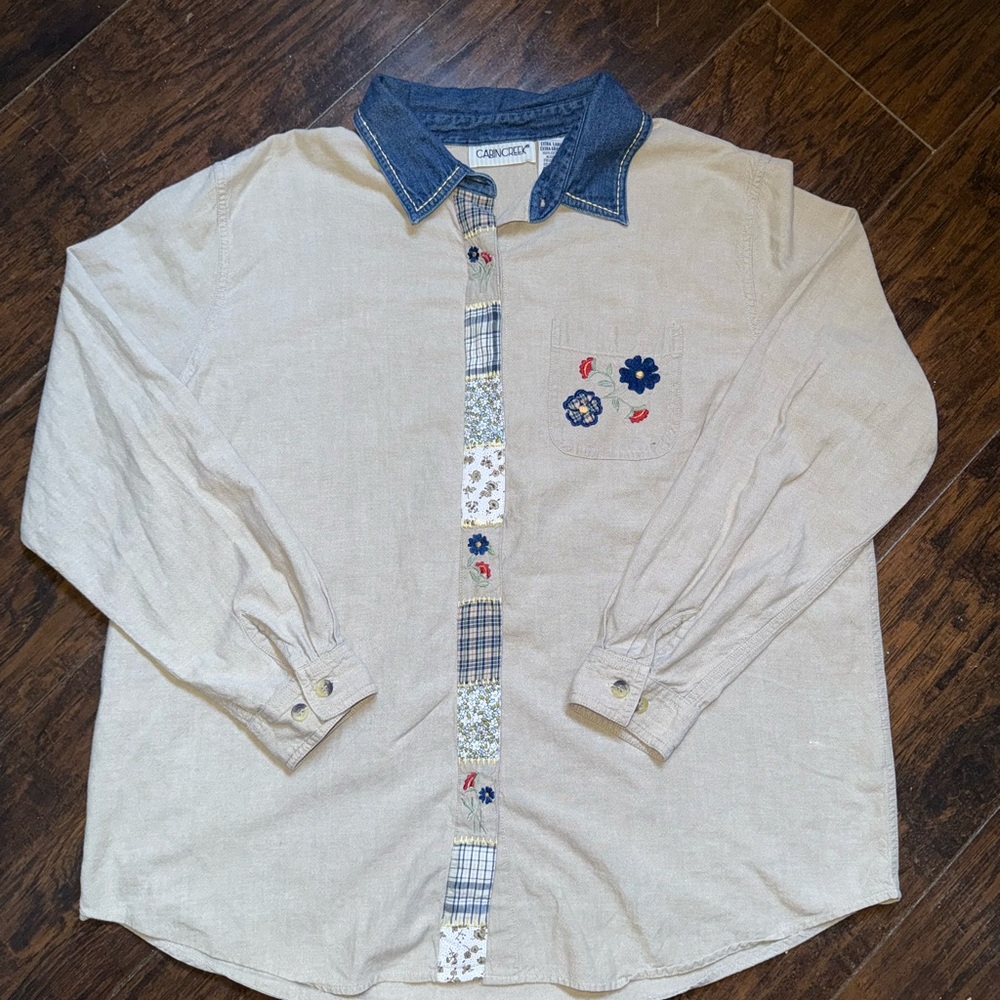 Cabin Creek Beige and Blue Women's Button Down Shirt